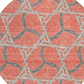 8' Coral And Taupe Round Geometric Washable Indoor Outdoor Area Rug