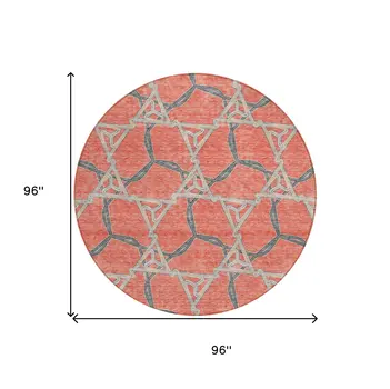 8' Coral And Taupe Round Geometric Washable Indoor Outdoor Area Rug