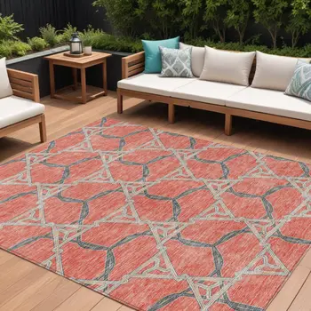 9' X 12' Coral And Taupe Geometric Washable Indoor Outdoor Area Rug