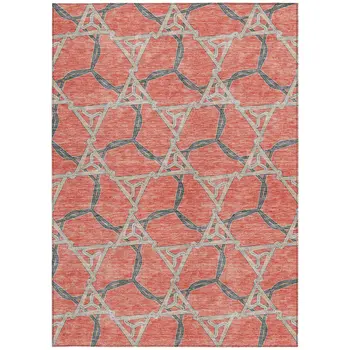 10' X 14' Coral And Taupe Geometric Washable Indoor Outdoor Area Rug