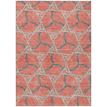 10' X 14' Coral And Taupe Geometric Washable Indoor Outdoor Area Rug