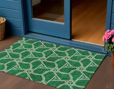 3' X 5' Emerald And Beige Geometric Washable Indoor Outdoor Area Rug