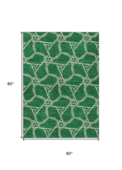 5' X 8' Emerald And Beige Geometric Washable Indoor Outdoor Area Rug