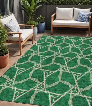 5' X 8' Emerald And Beige Geometric Washable Indoor Outdoor Area Rug