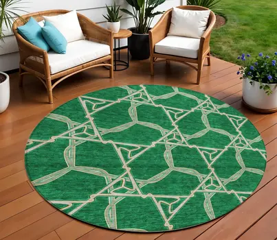 8' Emerald And Beige Round Geometric Washable Indoor Outdoor Area Rug