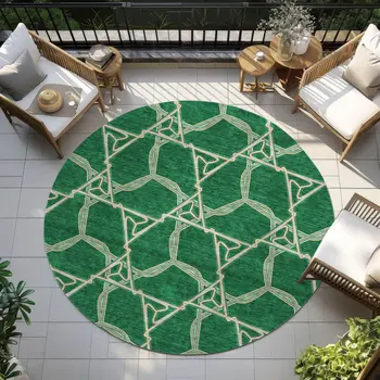 8' Emerald And Beige Round Geometric Washable Indoor Outdoor Area Rug