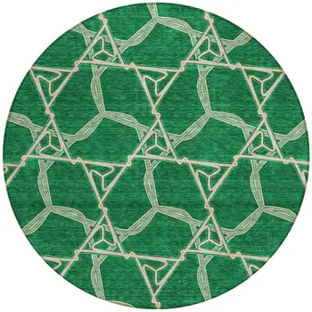 8' Emerald And Beige Round Geometric Washable Indoor Outdoor Area Rug