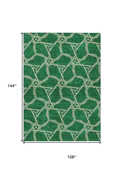 9' X 12' Emerald And Beige Geometric Washable Indoor Outdoor Area Rug