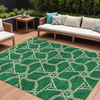 9' X 12' Emerald And Beige Geometric Washable Indoor Outdoor Area Rug