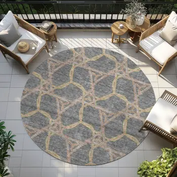 8' Gray And Brown Round Geometric Washable Indoor Outdoor Area Rug