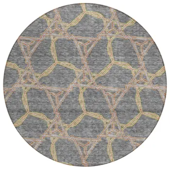 8' Gray And Brown Round Geometric Washable Indoor Outdoor Area Rug