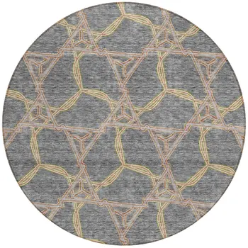 8' Gray And Brown Round Geometric Washable Indoor Outdoor Area Rug