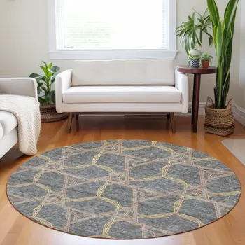 8' Gray And Brown Round Geometric Washable Indoor Outdoor Area Rug