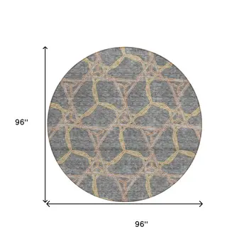 8' Gray And Brown Round Geometric Washable Indoor Outdoor Area Rug