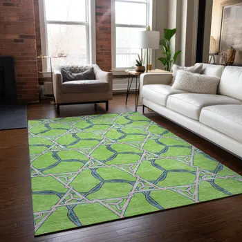 3' X 5' Lime Green And Blue Geometric Washable Indoor Outdoor Area Rug