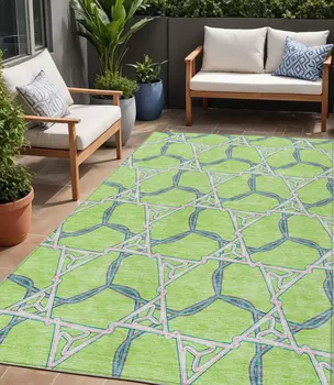 5' X 8' Lime Green And Blue Geometric Washable Indoor Outdoor Area Rug