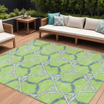 8' X 10' Lime Green And Blue Geometric Washable Indoor Outdoor Area Rug