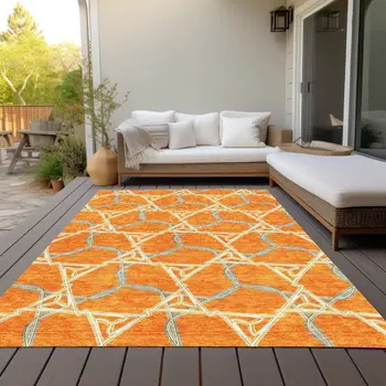 5' X 8' Orange And Blue Geometric Washable Indoor Outdoor Area Rug