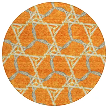 8' Orange And Blue Round Geometric Washable Indoor Outdoor Area Rug