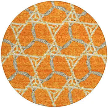 8' Orange And Blue Round Geometric Washable Indoor Outdoor Area Rug