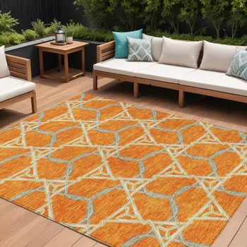 10' X 14' Orange And Blue Geometric Washable Indoor Outdoor Area Rug