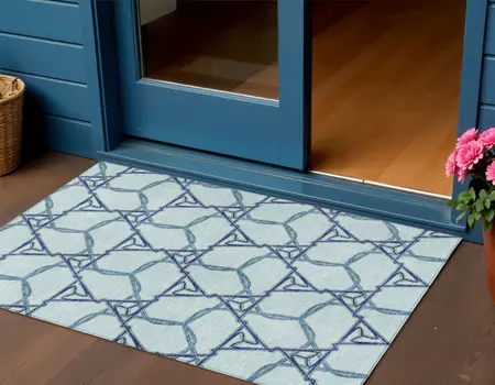 3' X 5' Sky Blue And Navy Blue Geometric Washable Indoor Outdoor Area Rug