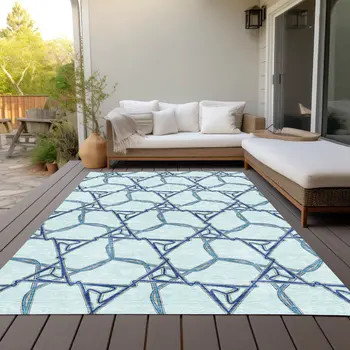 3' X 5' Sky Blue And Navy Blue Geometric Washable Indoor Outdoor Area Rug