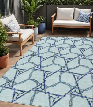 5' X 8' Sky Blue And Navy Blue Geometric Washable Indoor Outdoor Area Rug