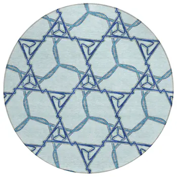 8' Sky Blue And Navy Blue Round Geometric Washable Indoor Outdoor Area Rug