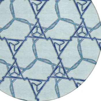 8' Sky Blue And Navy Blue Round Geometric Washable Indoor Outdoor Area Rug