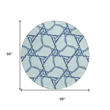 8' Sky Blue And Navy Blue Round Geometric Washable Indoor Outdoor Area Rug