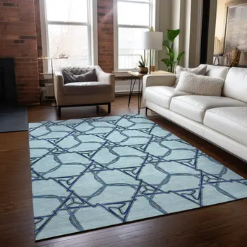 8' X 10' Sky Blue And Navy Blue Geometric Washable Indoor Outdoor Area Rug