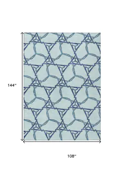 9' X 12' Sky Blue And Navy Blue Geometric Washable Indoor Outdoor Area Rug