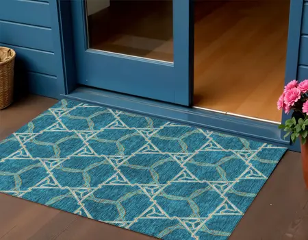 3' X 5' Teal Blue And Beige Geometric Washable Indoor Outdoor Area Rug