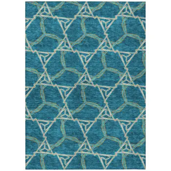 5' X 8' Teal Blue And Beige Geometric Washable Indoor Outdoor Area Rug