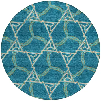 8' Teal Blue And Beige Round Geometric Washable Indoor Outdoor Area Rug