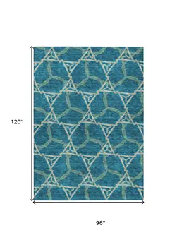 8' X 10' Teal Blue And Beige Geometric Washable Indoor Outdoor Area Rug