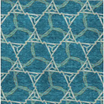 9' X 12' Teal Blue And Beige Geometric Washable Indoor Outdoor Area Rug