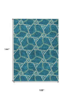 9' X 12' Teal Blue And Beige Geometric Washable Indoor Outdoor Area Rug