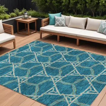 9' X 12' Teal Blue And Beige Geometric Washable Indoor Outdoor Area Rug
