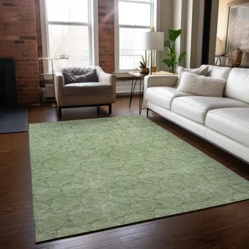 3' X 5' Sage And Ivory Geometric Washable Indoor Outdoor Area Rug