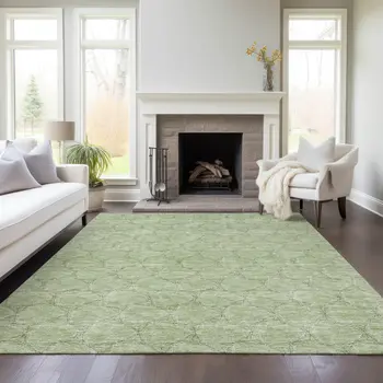 10' X 14' Sage And Ivory Geometric Washable Indoor Outdoor Area Rug