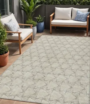 5' X 8' Beige And Taupe Geometric Washable Indoor Outdoor Area Rug