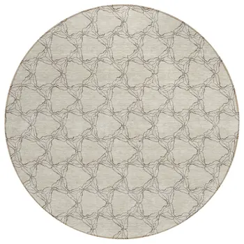 8' Beige And Taupe Round Geometric Washable Indoor Outdoor Area Rug