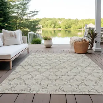 10' X 14' Beige And Taupe Geometric Washable Indoor Outdoor Area Rug