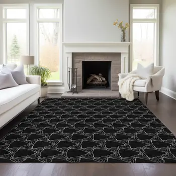 5' X 8' Black And White Geometric Washable Indoor Outdoor Area Rug