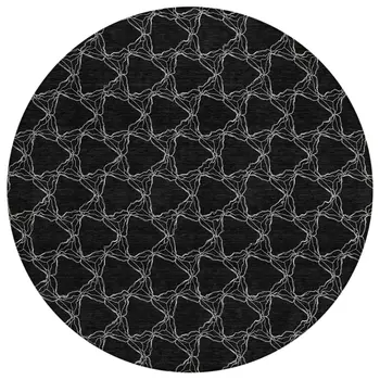 8' Black And White Round Geometric Washable Indoor Outdoor Area Rug