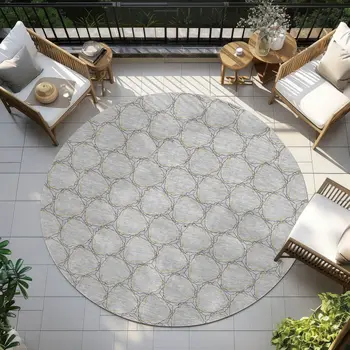 8' Gray And Black Round Geometric Washable Indoor Outdoor Area Rug