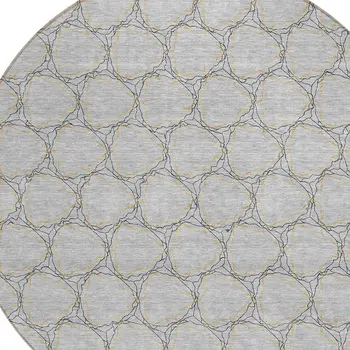 8' Gray And Black Round Geometric Washable Indoor Outdoor Area Rug
