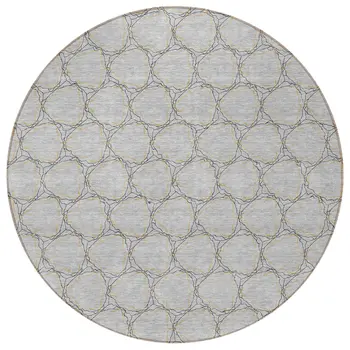 8' Gray And Black Round Geometric Washable Indoor Outdoor Area Rug